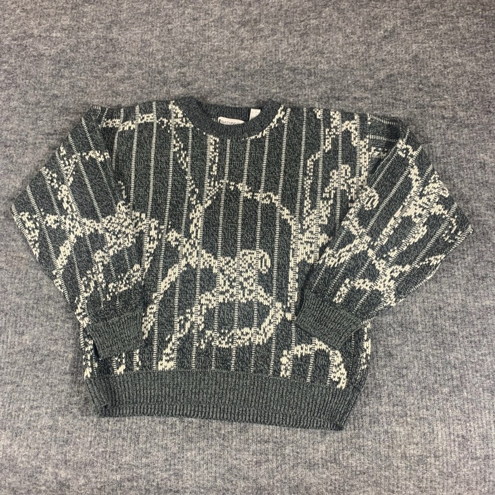 Vintage Saturdays Sweater Mens Large Grey Abstract Geometric Knit Crewneck 3D